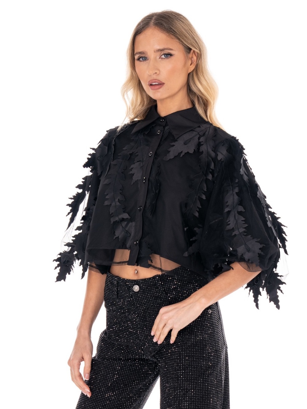 Black Leaf-Appliqué Sheer Crop Button-Up Top